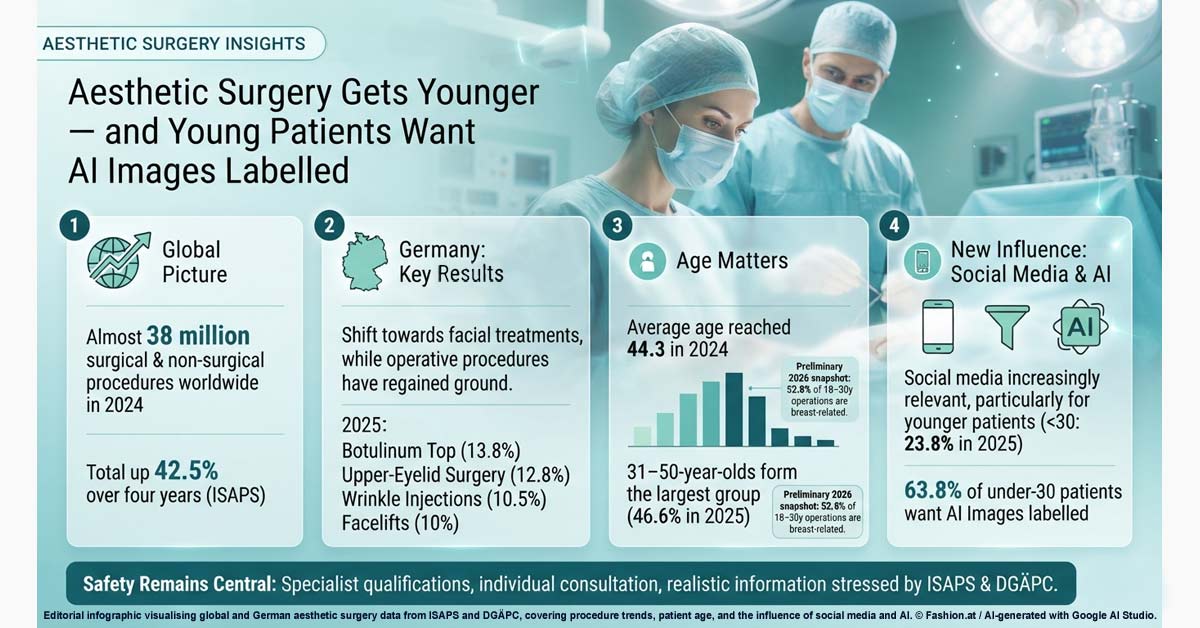 Infographic from ISAPS and DGÄPC data, titled 'Aesthetic Surgery Gets
Younger,' visualizing trends.