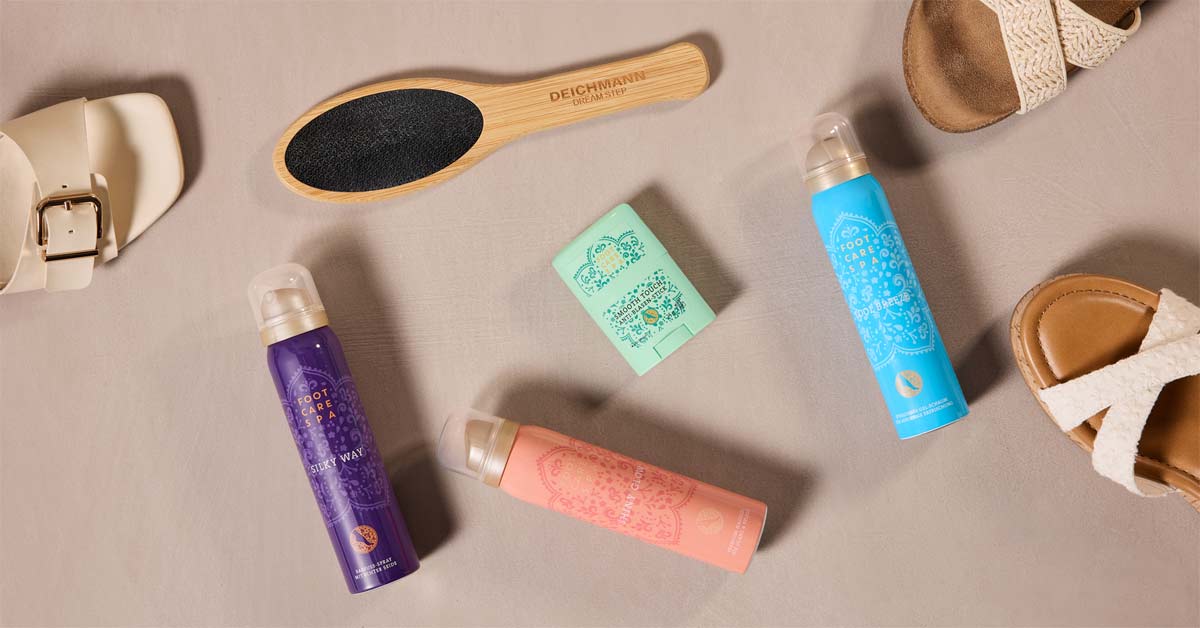 Deichmann Foot Care Spa collection with five foot care products and summer sandals.