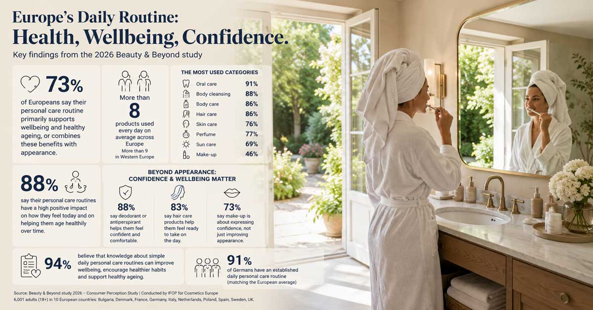 Woman in a white bathrobe brushing her teeth in a sunlit bathroom with a garden view beside an infographic summarising European personal care and wellbeing survey results.