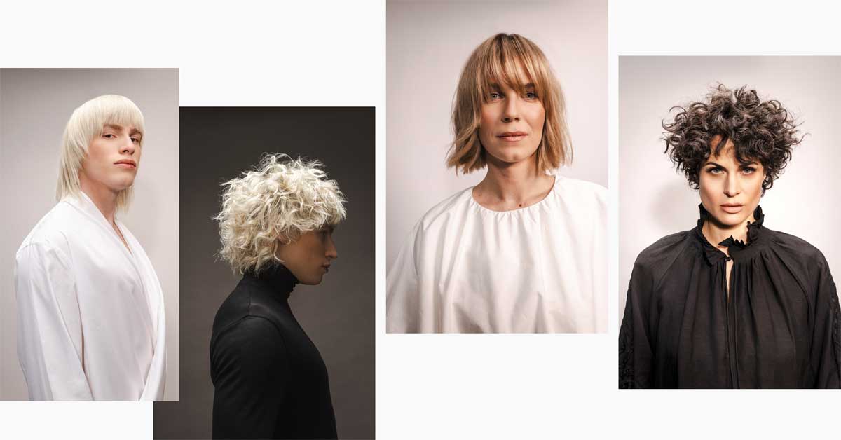 Four hairstyles from Intercoiffure Austria's 'timeLESS Me' 2026/27 collection featuring a long mullet, textured curls, a shag cut and a curly pixie with natural movement.