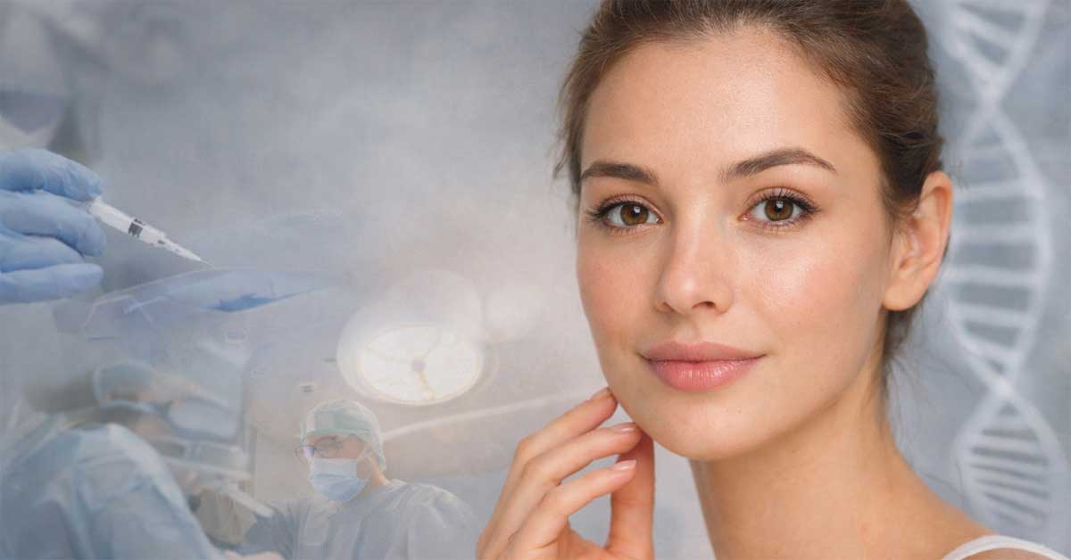 Young woman with natural appearance in front of a medical background representing aesthetic medicine, minimally invasive treatments and surgery in Austria.