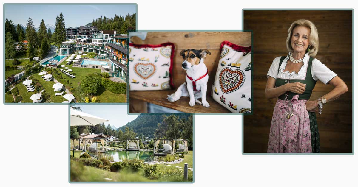 Exterior views of Alpin Resort Sacher Seefeld, dog Ella during retreat, and Elisabeth Gürtler in a dirndl at the resort.