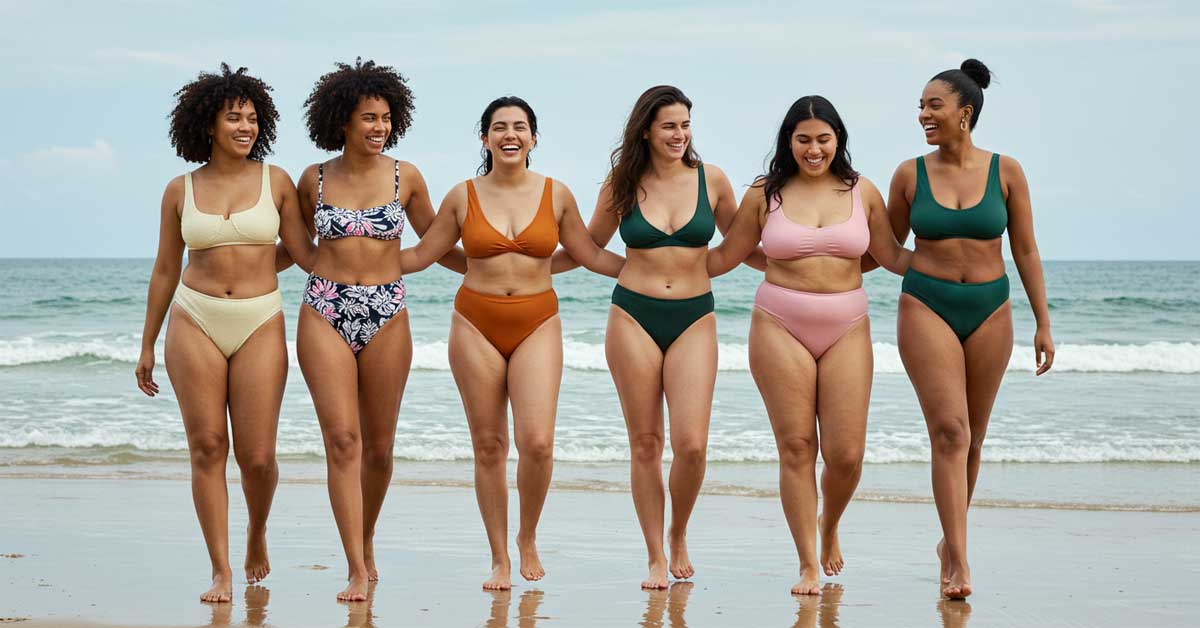 Diverse women walk on the beach in various bikinis, celebrating body diversity with confidence and joy.