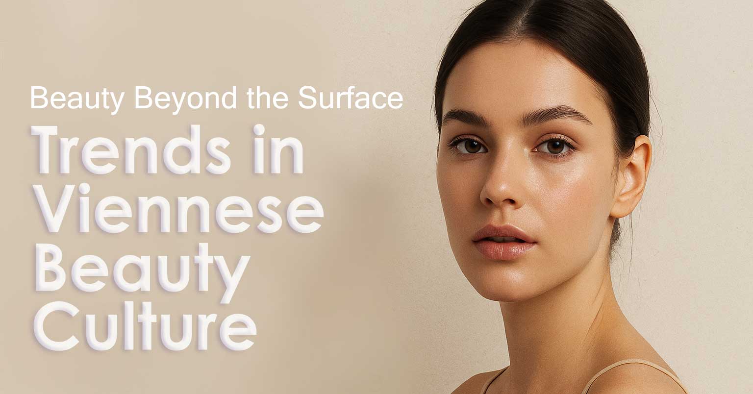 Stylish beige-toned banner with woman and text 'Beauty Beyond The Surface: Trends in Viennese Beauty Culture'.