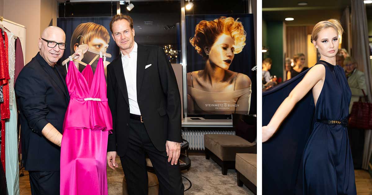 Jürgen Christian Hoerl and Hannes Steinmetz present a pink ball gown in a salon, while a model in a dark blue dress is shown during a fashion preview.