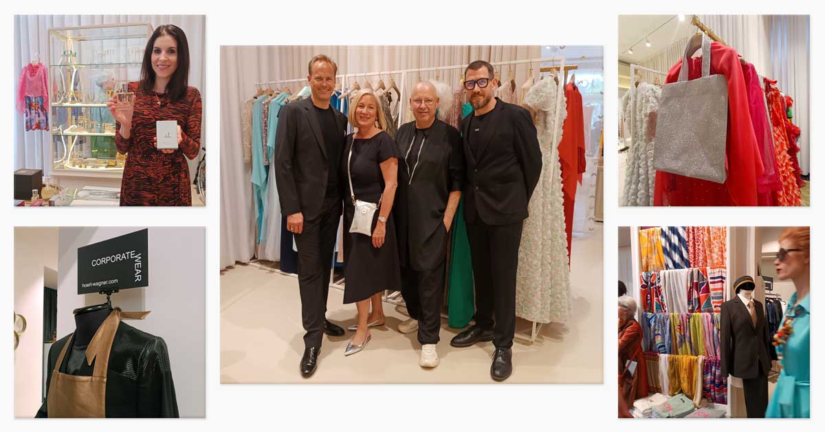 Collage from the JCH salon show in Vienna featuring Eva Petrič with her AI perfume, event guests, Swarovski shopper, fashion looks, and corporate wear concepts.