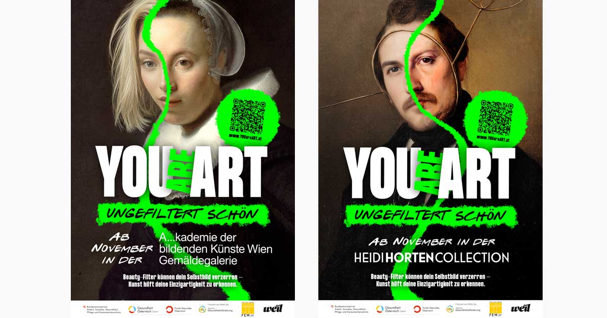 Left: Poster showing Rembrandt's 'Portrait of a Young Woman' digitally merged with a beauty filter to illustrate changing beauty ideals. Right: Poster with a digitally modified artwork by Markus Schinwald exploring transformation and self-perception.