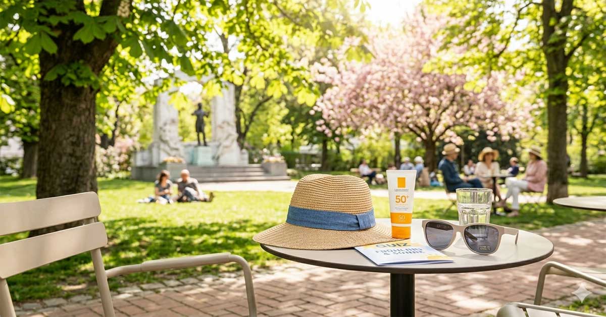 Sunny park scene with a straw hat, sunglasses, and sunscreen on an outdoor cafe table.