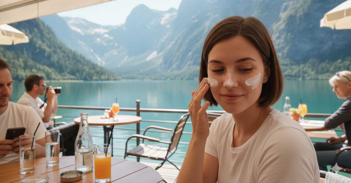 A woman with sunscreen on her face applies more.