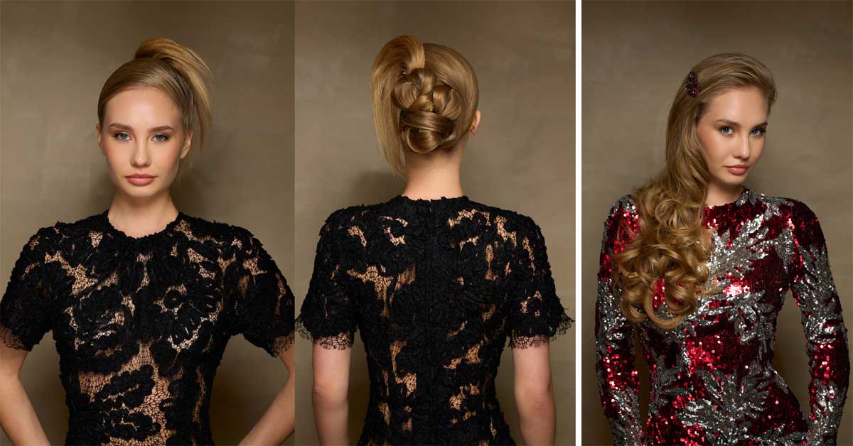 Triptych of ball looks with sleek updo and glossy waves, combined with lace and sequin evening dresses, showing modern Viennese ball styling.