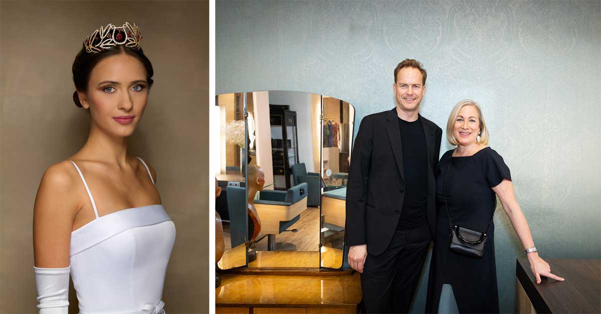 Debutantes' hairstyle and gold tiara for the Vienna Philharmonic Ball 2026; portrait of Vanessa Steinmetz-Bundy and Hannes Steinmetz.