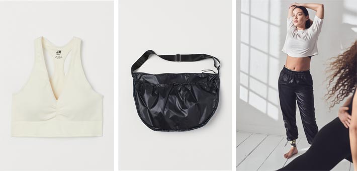 The seamless sports bh, bag and at the campaign image right on view the sport shirt, sport trousers worn over sport tights from the new H&M activewear collection are from the 'Conscious' line and made mainly from recycled materials; launched in January 2020. Photos: © H&M. 